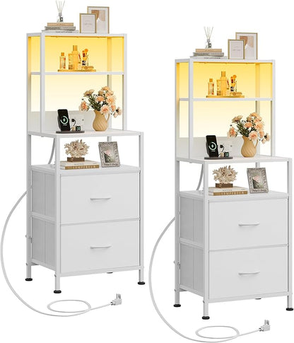 WLIVE Nightstand Set of 2 with Charging Station, LED Night Stands with 2 Fabric Drawers and 4 Storage Open Shelves, Bedside Table Sets for Bedroom, White
