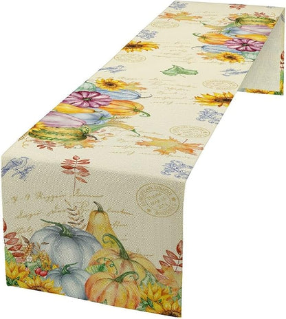 Fall Table Runner Watercolor Pumpkins Sunflowers Maple Leaves Baroque Floral Birds Country Thanksgiving Home Decor for Farmhouse Indoor Outdoor Party Holiday Dining Kitchen Restaurant Cafe W13xL120in
