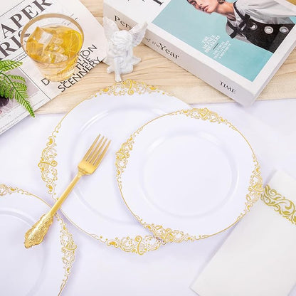 Hioasis 210pcs White and Gold Plastic Plates - Disposable Dinnerware Set Suitable for 30 Guests Include 10.25" Dinner & 7.5" Dessert Plates, Pre Rolled Silverware Set, Cups for Party & Wedding
