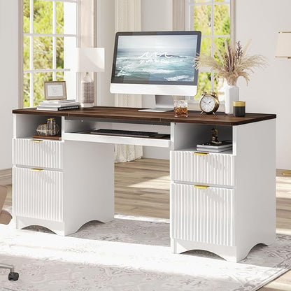 Bestier Computer Desk with Keyboard Tray, 59 inch Office Desk with 4 Drawers, Modern Home Office Desk with File Drawer (Walnut with White, 59" W with Double-Sided Drawers)