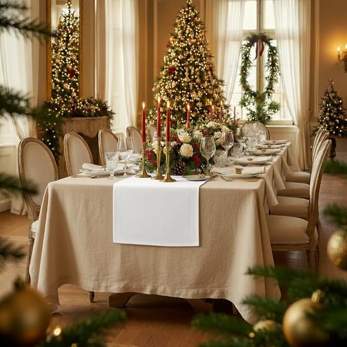 D'Moksha Homes Linen White Table Runner 48 Inches - 100% Pure Linen Table Runner 14 x 48 Inch for Coffee Tables, Dresser, Winter, Christmas, Holiday - Machine Washable