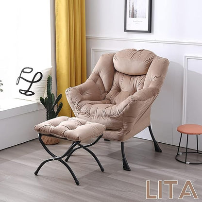 LITA Lazy Chair with Ottoman, Modern Accent Leisure Upholstered Sofa Chair, Contemporary Lounge Reading Chairs with Armrests and a Side Pocket for Living Room, Bedroom & Small Space, Dark Brown