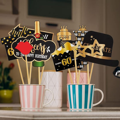 LINGTEER Happy 60th Birthday Party Photo Booth Props,Cheers to 60th Birthday Sixty Years Old Bday Party Centerpieces Props Decorations Sign.
