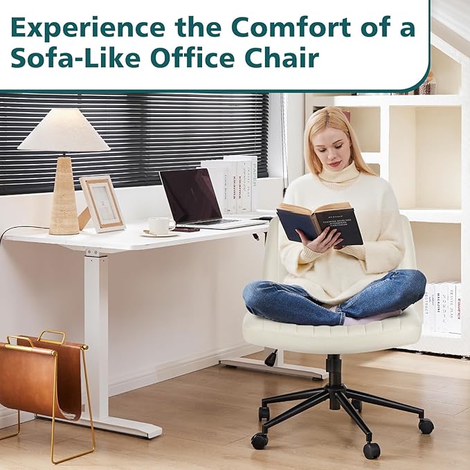 OLIXIS Criss Cross Chair with Wheels Wide Cross Legged Office Desk Vanity Chair Comfy Fabric Armless Adjustable Swivel for Home Computer Task PU Beige