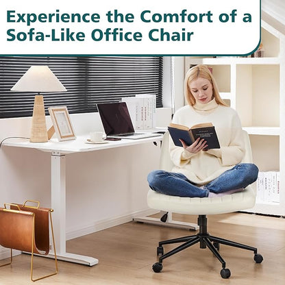 OLIXIS Criss Cross Chair with Wheels Wide Cross Legged Office Desk Vanity Chair Comfy Fabric Armless Adjustable Swivel for Home Computer Task PU Beige