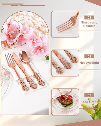 YOUBET 700PCS Rose Gold Plastic Plates - Clear Rose Gold Plastic Dinnerware Set Include 200 Disposable Plate, 300 Heavy Duty Silverware, 100 Cups, 100 Napkins for Wedding & Party & Baby Shower
