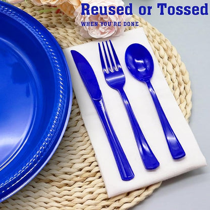 150 Pack Dark Blue Plastic Silverware, Blue Plastic Utensils Heavy Duty, 50 Forks, 50 Knives, 50 Spoons for Birthday, Graduation, Memorial Day, Flag Day, 4th of July