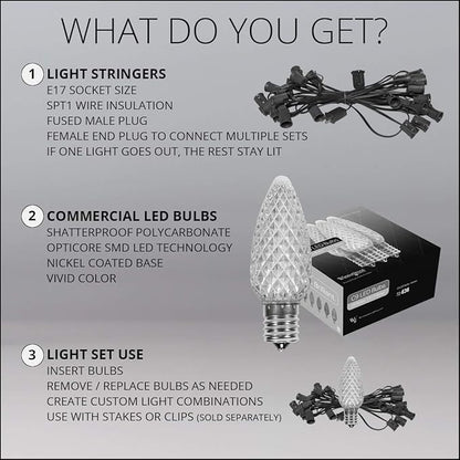 Wintergreen Lighting 100 C9 OptiCore LED Commercial Outdoor Christmas Lights – Heavy Duty Christmas String Lights; Green Wire (100 ft, Red/Warm White)