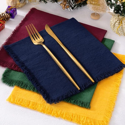 12 Pack Mixed Chriatmas Color Cotton Linen Napkins with Fringe Christmas Winter Napkins Cloth Set of 12 Boho Handmade Dinner Napkins Bulk for Wedding Xmas Dining Table, 17 x 17 Inches