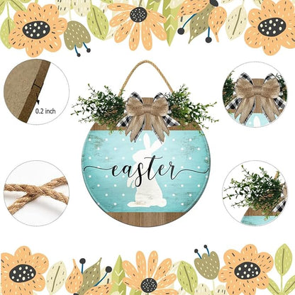 Boylee Easter Wooden Hanging Sign Easter Sign Door Decoration with Bow Rustic Easter Wood Wreath Sign for Easter Spring Holiday Home Coffee Shop Bakery Farmhouse Window