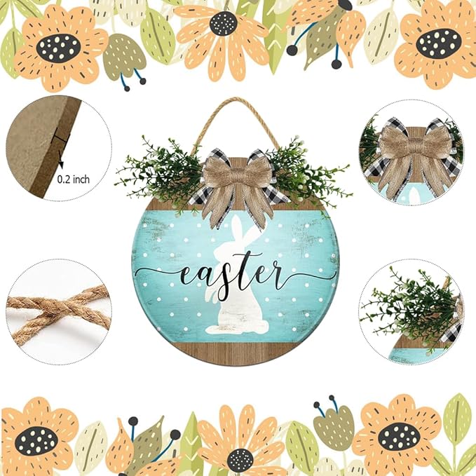 Boylee Easter Wooden Hanging Sign Easter Sign Door Decoration with Bow Rustic Easter Wood Wreath Sign for Easter Spring Holiday Home Coffee Shop Bakery Farmhouse Window
