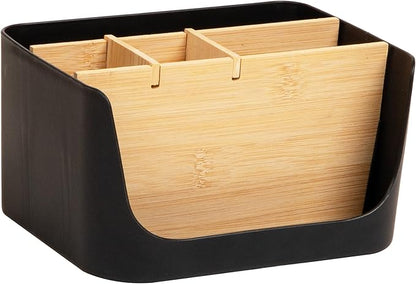 Mind Reader 5-Compartment Desktop Organizer, Adjustable Caddy, Plastic and Wood, Black