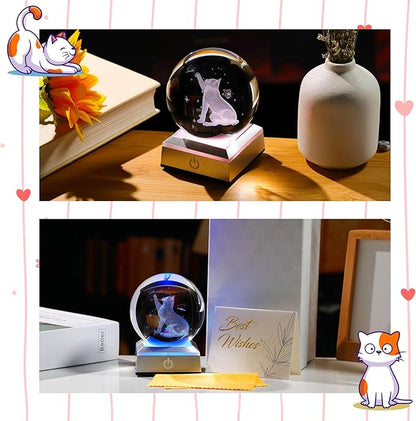 Ornalrist 3.15" Crystal Ball Engraved 3D Cat with Butterfly Figurine Collectible Paperweight with LED Base, Glass Sphere Cat Lover Gifts for Women Men Home Decor