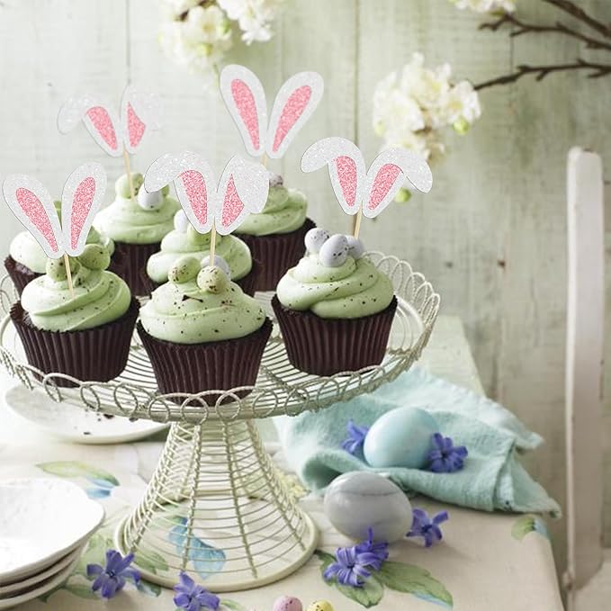 Ephlyn 24 Pcs Happy Cupcake Toppers Glitter Rabbit Ear Cupcake Picks Happy Easter Day Theme Baby Shower Kids Birthday Party Cake Decorations