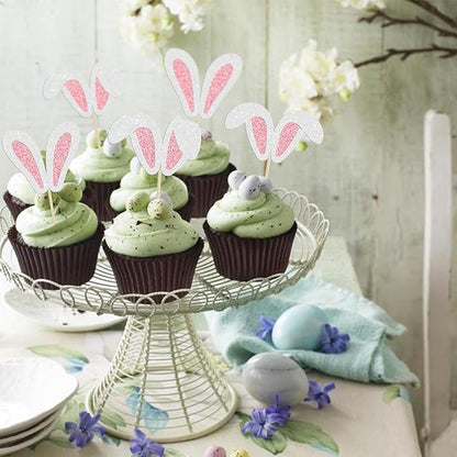 Ephlyn 24 Pcs Happy Cupcake Toppers Glitter Rabbit Ear Cupcake Picks Happy Easter Day Theme Baby Shower Kids Birthday Party Cake Decorations