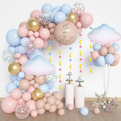Amandir 185Pcs Gender Reveal Decorations, Double-Stuffed Pastel Pink and Blue Brown Nude Balloon Arch Kit White Cloud Hanging Moon Star Garland Boho Neutral Boy or Girl Bear Baby Shower Party Supplies