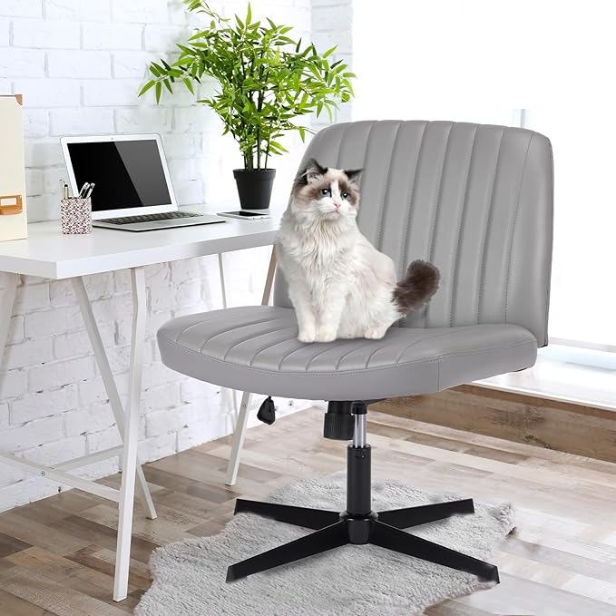 OLIXIS Criss Cross Legged Chairs Armless No Wheels Wide Seat Height Adjustable Swivel Padded PU Leather Home Office Desk Chair for Bedroom, Student, Study Room,Grey