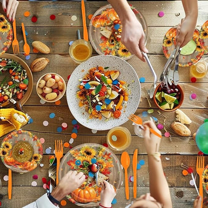 140Pcs Fall Thanksgiving Party Supplies Tableware Set for 20 Guests, Pumpkin Paper Plates and Napkins Cups Tablecloth Cutlery Straws for Autumn Harvest Party Decoration