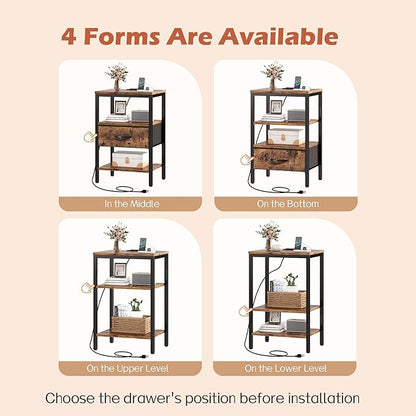 SUPERJARE Nightstand Set of 2, Bed Side Tables with Charging Station, Adjustable Fabric Drawer, Night Stand for Bedroom, 3-Tier Storage End Tables, for Living Room, Rustic Brown