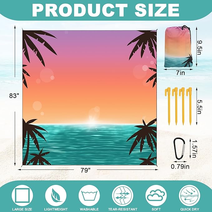 Beach Blanket Waterproof Sandrproof Large Beach Mat 79" X 83" for 2-4 Adults Quick Drying Outdoor Picnic Mat 4 Stakes & 4 Corner Pockets for Travel Picnic Camping Hiking （Gradient Sky&Sea）