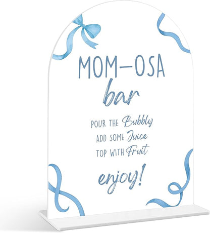 Mom-osa Bar Sign - Blue Bow Baby Shower Sign, 1 Pack Arch Acrylic Sign with Stand, Gender Reveal Party Table Decor, Blue Baby Shower Supplies (SP14)
