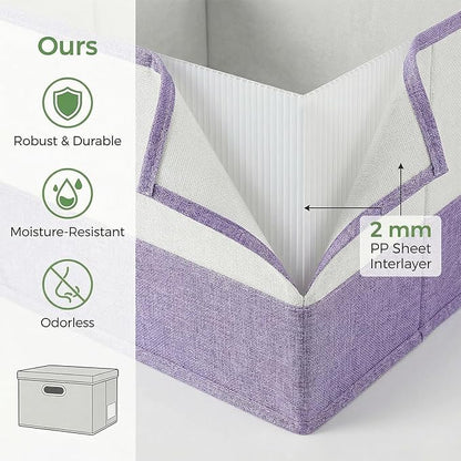 PRANDOM Storage Bins with Lids [3-Pack] Linen Fabric Foldable Storage Boxes Organizer Containers Baskets Cube with Cover for Bedroom Closet Office Purple&White（11.4X8.6X6.7