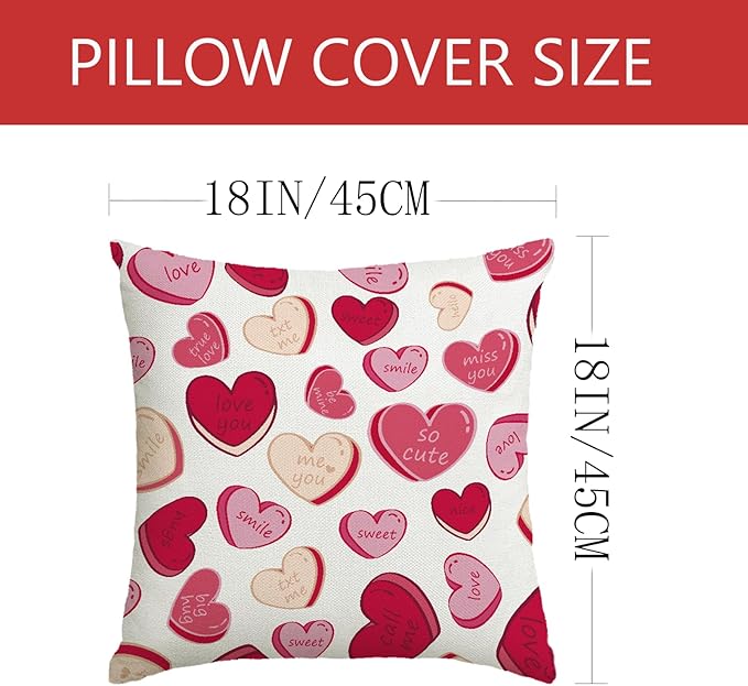 Valentines Day Decorations-Valentine Pillow Covers 18x18 Set of 4, Pink Hearts Love You Happy Valentine's Day Throw Outdoor Pillow Covers Anniversary Wedding Cushion Case for Home Sofa Couch Décor
