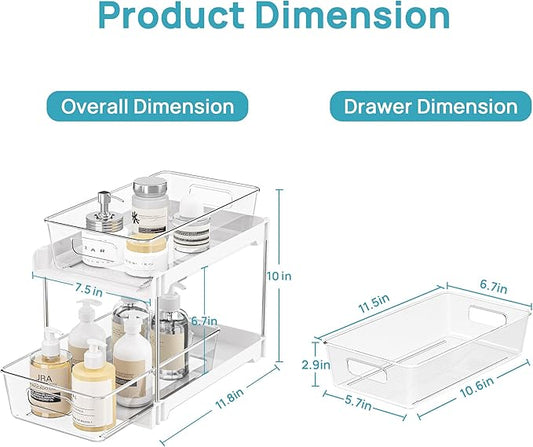 Vtopmart 2 Pack Bathroom Organizer, 2 Tier White Under Sink Organizers Vanity Countertop Storage Container,Cabinet Drawers Bins, Pull-Out Organization with Track for Pantry, Kitchen