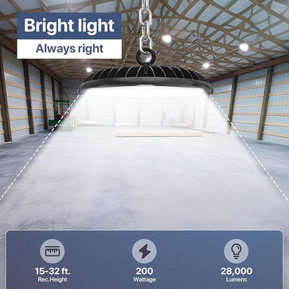 HYPERLITE High Bay Lights Commercial: 200W Hi Bay LED Shop Lights for Workshop - Waterproof UFO Light for Damp Places and Harsh Environments
