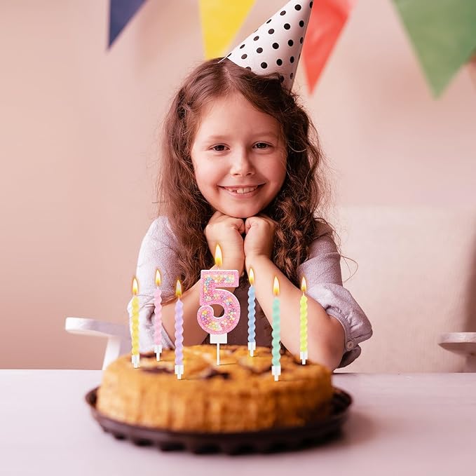 MTLEE Number 5 Birthday Candle with 12 Pcs Spiral Candles for Girls Macaron Pastel Rainbow Unicorn Pink Cake Topper for Sweet Theme Party Decoration