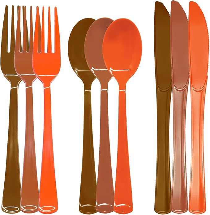 153PCS Fall Plastic Cutlery, Thanksgiving Plastic Silverware Heavy Duty Disposable Cutlery Set Includes Spoons Forks Knives for Thanksgiving Fall Party