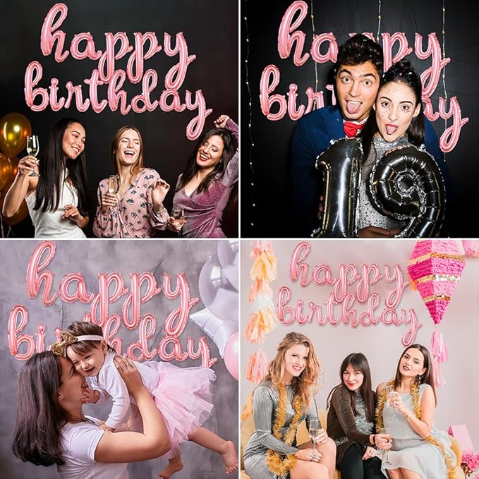 Rose Gold Happy Birthday Balloons Banner | Script/Cursive Rose Gold Letter Balloon Sign For Birthday Party Decor/Decoration | Foil Mylar Happy Birthday Banner