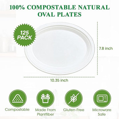 Vplus 100% Compostable Oval Paper Plates 10 inch 125 Pack Super Strong Disposable Paper Plates Bagasse Natural Biodegradable Eco-Friendly Sugarcane for BBQ, Party, Gathering, and Picnic