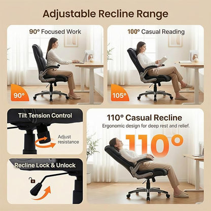 COLAMY Ergonomic Executive Office Chair, High Back Desk Chair with Adjustable Lumbar Support, Flip-Up Armrests & Thick Seat Cushion, 90°–110° Reclining Computer Chair for Home Office