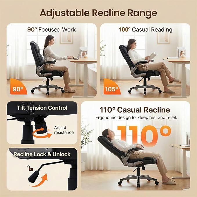 COLAMY Ergonomic Executive Office Chair, High Back Desk Chair with Adjustable Lumbar Support, Flip-Up Armrests & Thick Seat Cushion, 90°–110° Reclining Computer Chair for Home Office,Set of 2