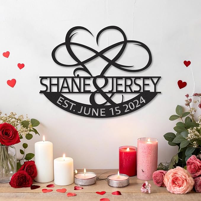 Personalized Anniversary Wedding Gifts for Couples, Metal Signs Customized with Couples Name and Date, Wedding Sign, Infinity Heart Metal Wall Decor, Engagement Bridal Shower Gifts Color01