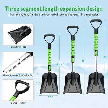 43.3'' Snow Shovel & Snow Brush with Ice Scrapers for Car Windshield,5-in-1 Extendable Thicken Aluminum Tube,180° Pivoting Brush Head & Foam Grip for Christmas, Cars, Trucks, SUVs, Vehicle（Green