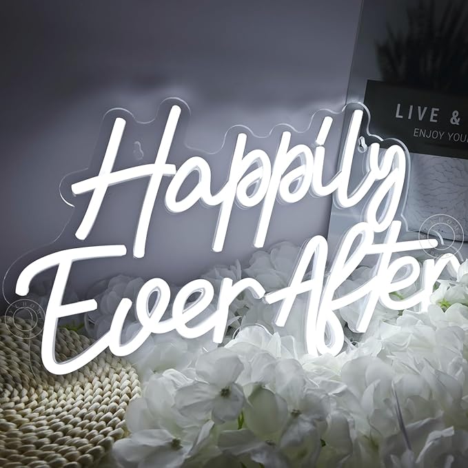 SYLHOME Happily Ever After LED Neon Light Sign Wedding Party Birthday Neon Art Wall Sign Decor USB Bedroom Home Bar Pub Decor Night Light 5V Cold White 15.8"X9.2"