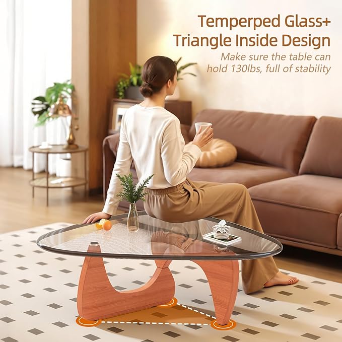 Coffee Table for Living Room Mid Century Modern Center Small Table with Glass Top and Wood, Walnut Transparent(45 Inch)