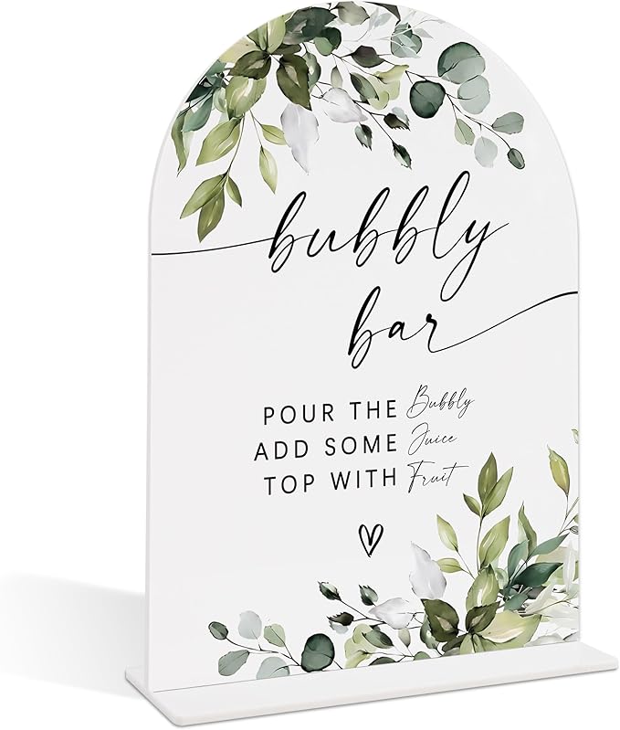 Wedding Signs for Reception, Green Leaves Bubbly Bar Sign, Wedding Reception Signage, Bridal Shower Table Decorations with Base, Supplies for Proposal, Bridal Shower Events and Ceremony, 04