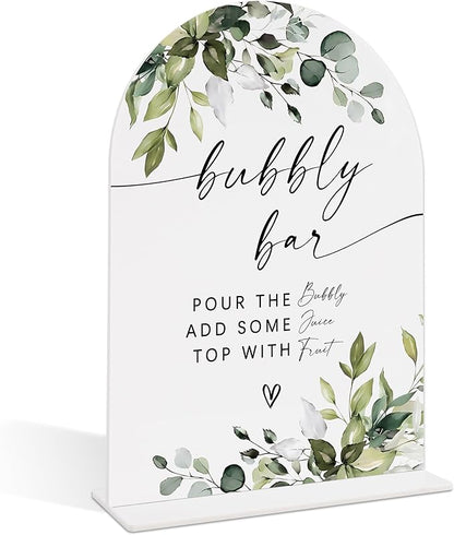 Wedding Signs for Reception, Green Leaves Bubbly Bar Sign, Wedding Reception Signage, Bridal Shower Table Decorations with Base, Supplies for Proposal, Bridal Shower Events and Ceremony, 04