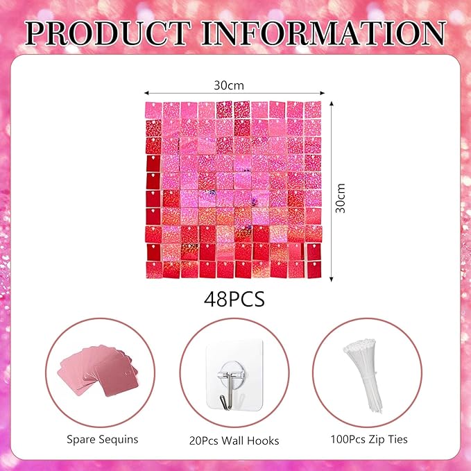 48 PCS Deep Pink Shimmer Wall Backdrop, Laser Square Sequin Photo Backdrops Panel, Glitter Wall Background for Birthdays, Weddings, Halloween, Engagements, Disco Bachelorette Party Decoration (6x8FT)