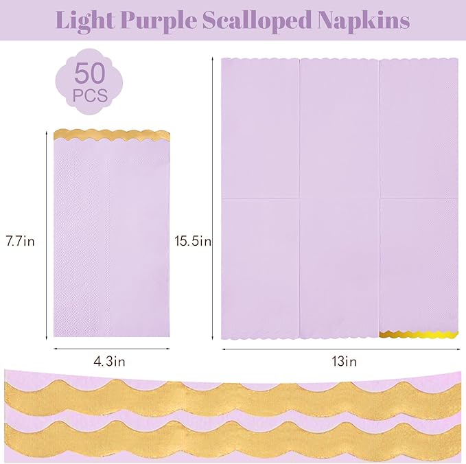 50 Dinner Napkins Paper Decorative, Gold Foil Scalloped Edged Guest Napkins Disposable, Lavender Napkins for Wedding, Birthday, Shower Baby, Tea Parties Supplies (4 x 8 In, Purple)