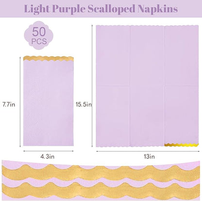 50 Dinner Napkins Paper Decorative, Gold Foil Scalloped Edged Guest Napkins Disposable, Lavender Napkins for Wedding, Birthday, Shower Baby, Tea Parties Supplies (4 x 8 In, Purple)