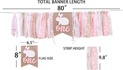 Pink Happy Birthday Banner - 1st Birthday High Chair Banner, Rabbit Themed Photo Props, Princess Party Decorations Supplies for Baby Girl