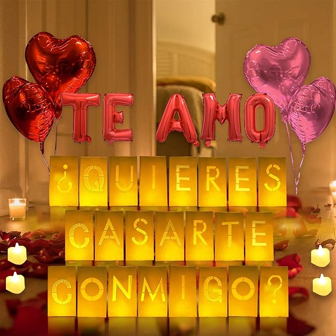 ¿Quieres casarte conmigo? Lighted Letters Sign 17pcs Luminary Paper Bags 2200pcs Red Pink Artificial Rose Petals 48pcs Flameless LED Candle Tealight 15pcs Heart Balloons Romantic Night Valentine's Day