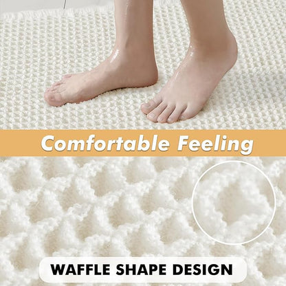 MIULEE Set of 2 Waffle Bathroom Runner Rugs, Boho Bath Rugs Non Slip Washable, Super Absorbent Runner Bath Mats, Rubber Backed Shower Mats for Hallway Bedroom Laundry Room, White, 2'x4'(24x48 Inch)