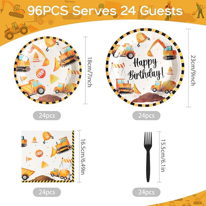 96pcs Construction Birthday Party Plates Disposable Tableware Set Paper Plates Round for 24 Guests Party Table Supplies Kids Party Picnic (Include Plates, Forks and Napkins)