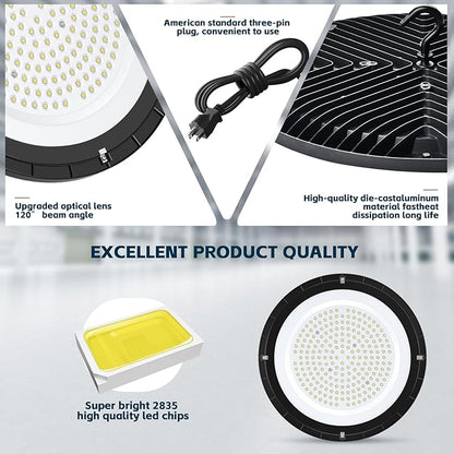 UFO LED High Bay Lights 200W 28000LM with US Plug 5ft Cable 5000K AC100-277V High Bay LED Shop Lights Commercial Warehouse Workshop Factory Barn Garage Lighting Fixture 8 Pack
