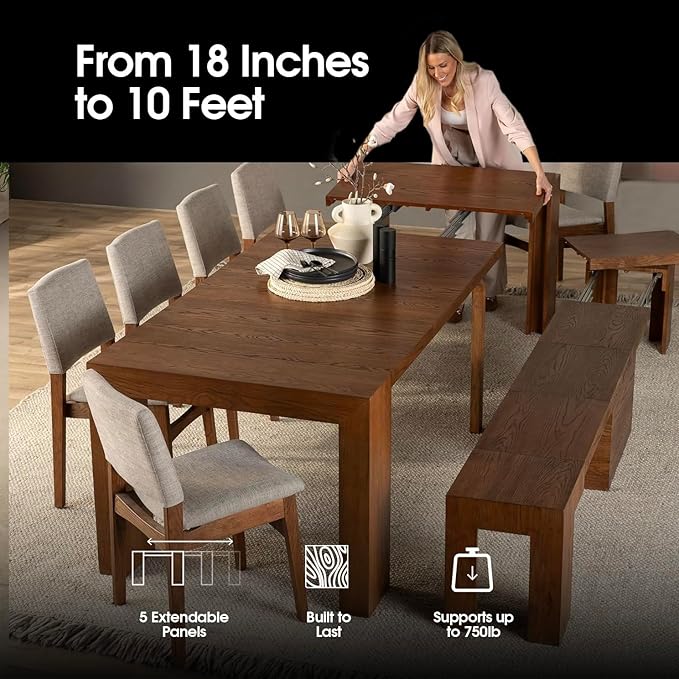Transformer Table - Solid Wood Extendable Dining Table, Seats 2-12, Expandable Dining Room Table, Space-Saving Furniture, Expandable Dining Furniture, Brown (Table Only)